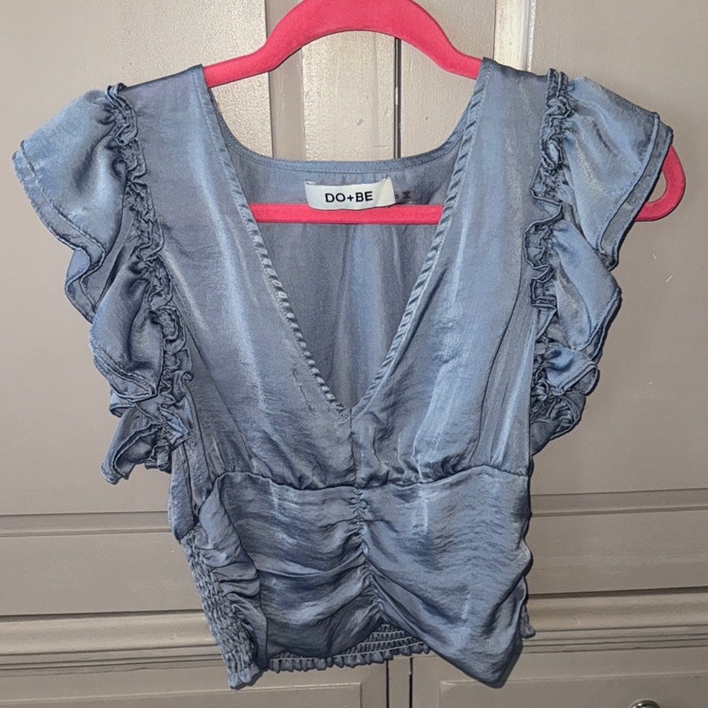 DO+BE Blue Ruffled V-Neck Top
